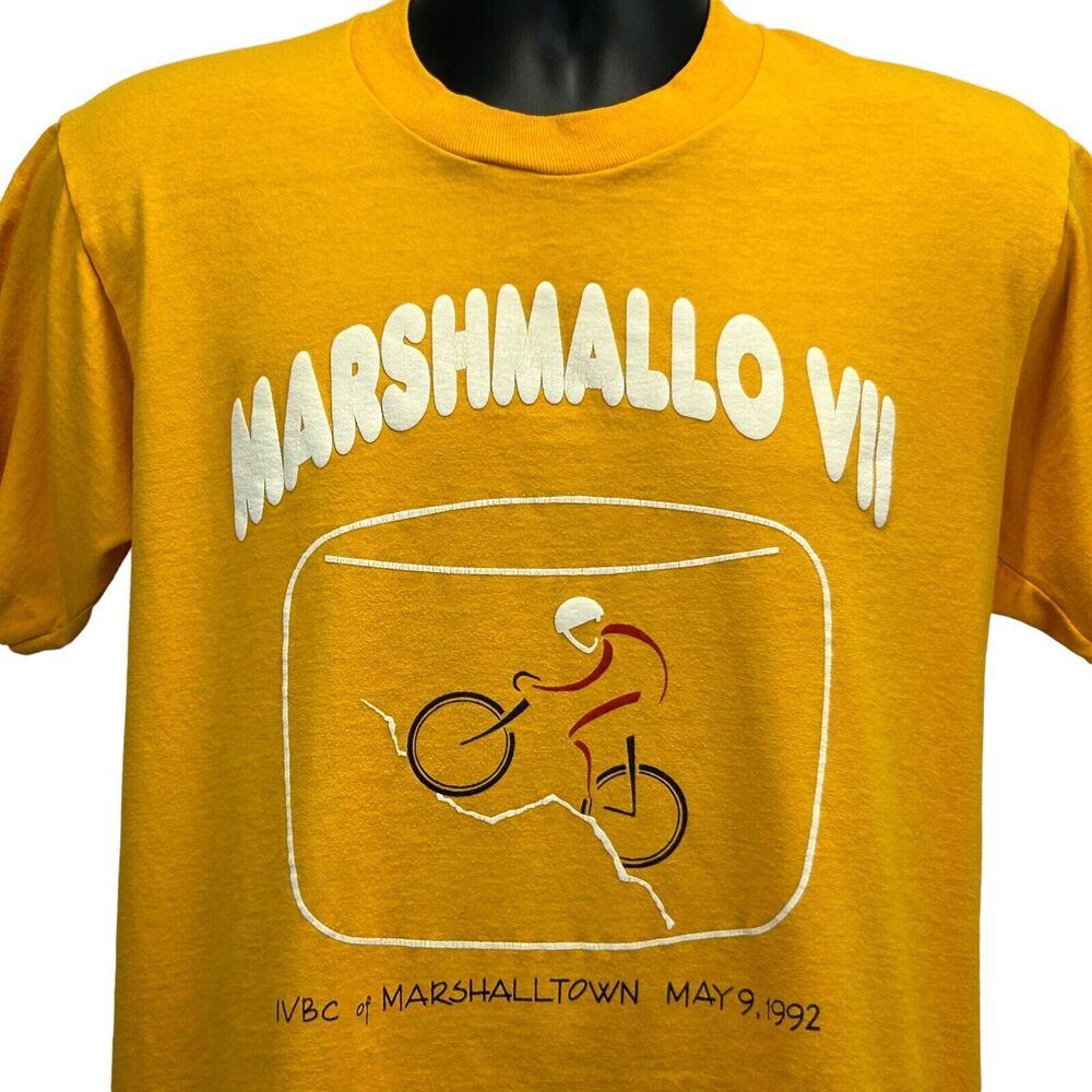Vintage 90s Marshmallo Bike Ride T Shirt Yellow Marshalltown Bicycle M Medium